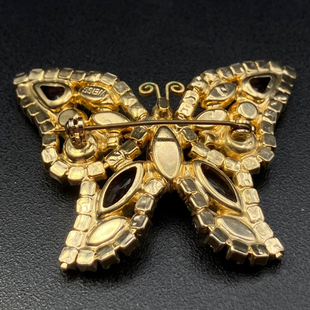 Signed Weiss Butterfly Brooch Pink Frost AB Rhinestone Gold Tone 1950s - Picture 6 of 9